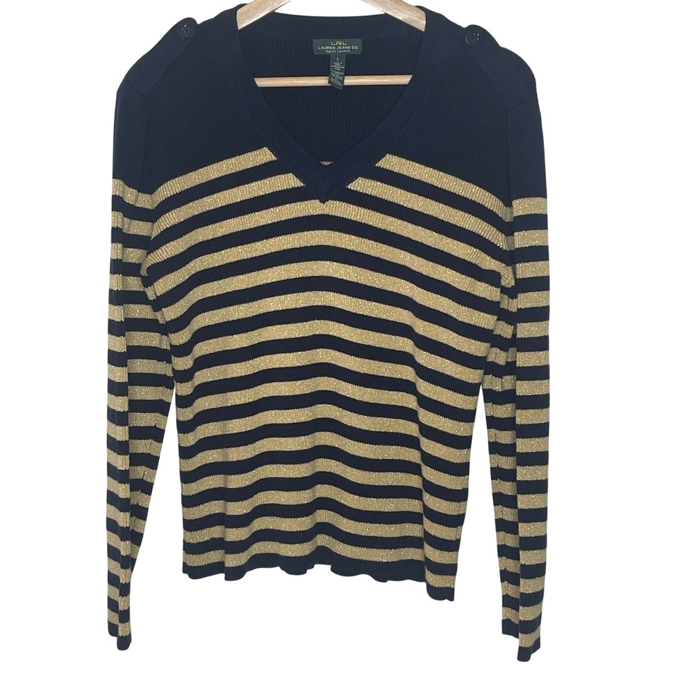 Lauren Ralph Lauren Navy Gold Striped V-Neck Button Shoulder Sweater Size L